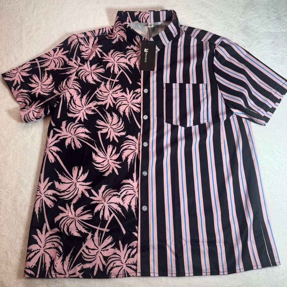 ChArmkpR Men's Tropical Black and Pink Button up short sleeve silky Polo
